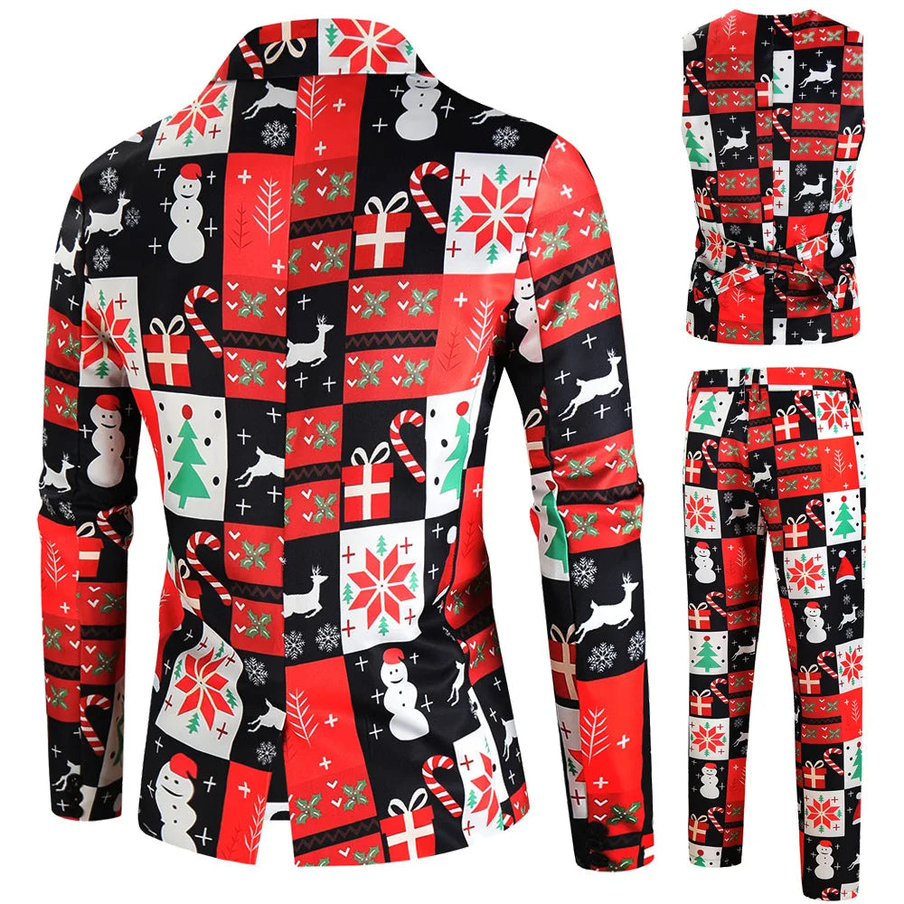 New Men's 3 Piece Christmas Sets Blazers+Vest+Pants 2026 Xmas Printed Men Suit Set Party Stage Dress Up Style Costume Streetwear