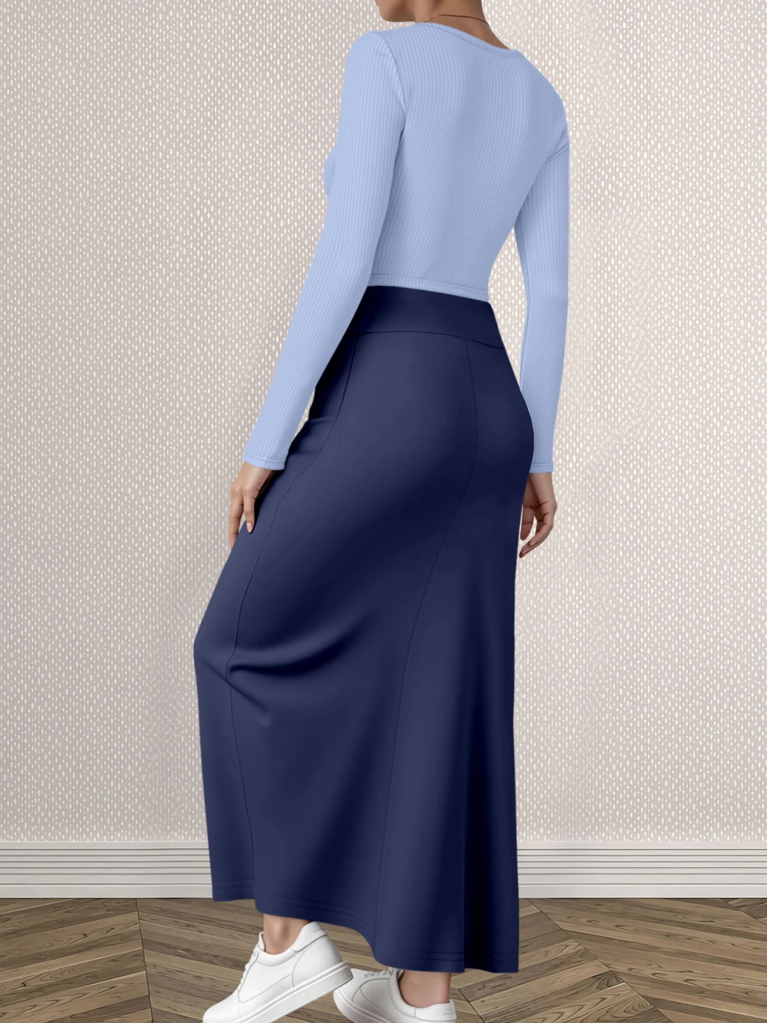 Mature Style Women 2Pcs Outfit, Ribbed Square Neck Crop Top + High Waist Draped A-Line Maxi Skirt