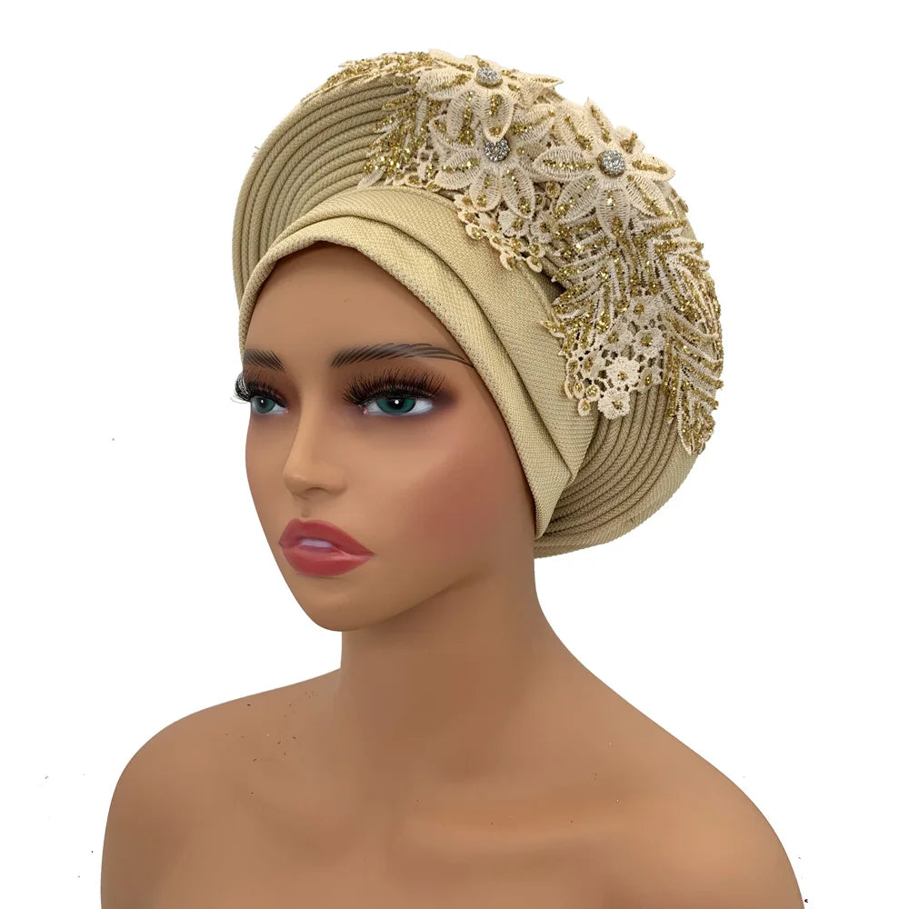 Elegant African Autogele Women's Turban Cap Nigeria Wedding Gele Ready to Wear Headtie with Embroidery Lace Party Headwear