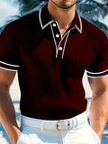 Men Ribbed Knit Polo Shirt Short Sleeve Turn Down Collar Contrast Trim Button Placket Slim Fit Casual Top