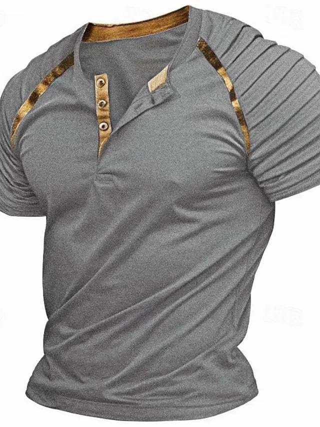 Men's Casual Henley Collar T Shirt Fashion Raglan T Shirt Plain Slim Daily Short Sleeve Tshirt Patchwork Tops Tees Mens Clothing