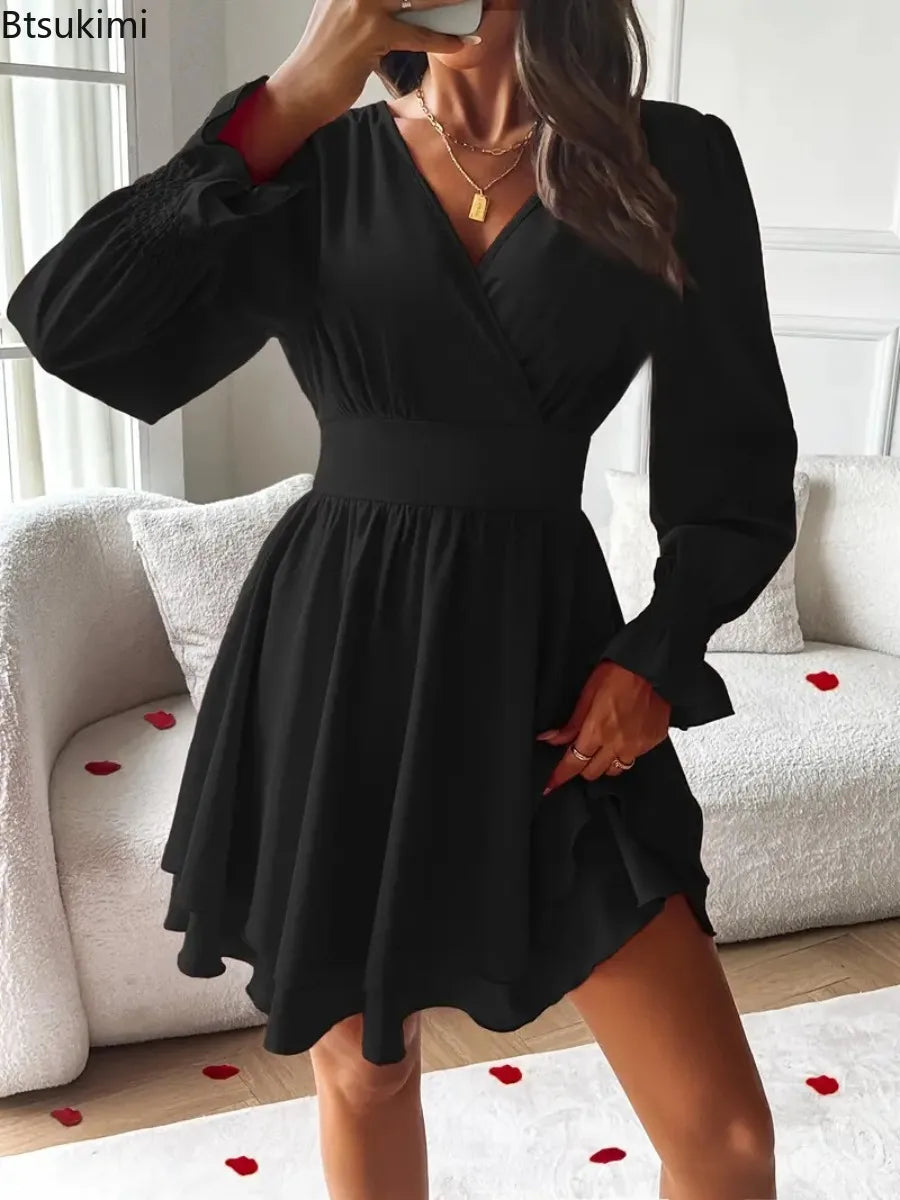 Summer New Dresses 2026 Woman Clothing V-Neck Lantern Sleeve Wrap Mini Dress Ruched Waisted Dress Elegant for Spring Party Dress
