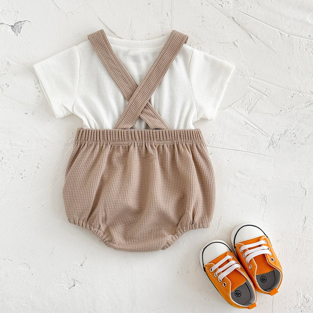 INS Summer Baby Girls Clothes Bear Patchwork Romper Baby Boys Bodysuit Clothes+White T-shirt Newborn 0 to 18 months 2Pcs/Set