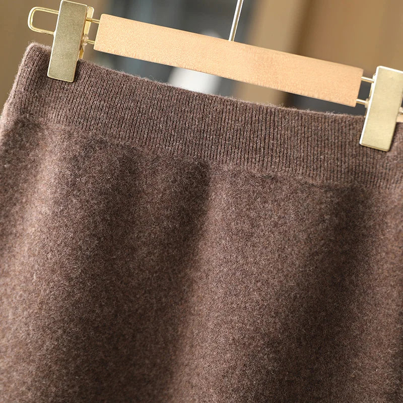 Women Wool Skirts Autumn Winter Office Lady Mini Slim Fit Skirt Elastic Waist 100% Merino Wool Knitted Cashmere Above Knee Dress