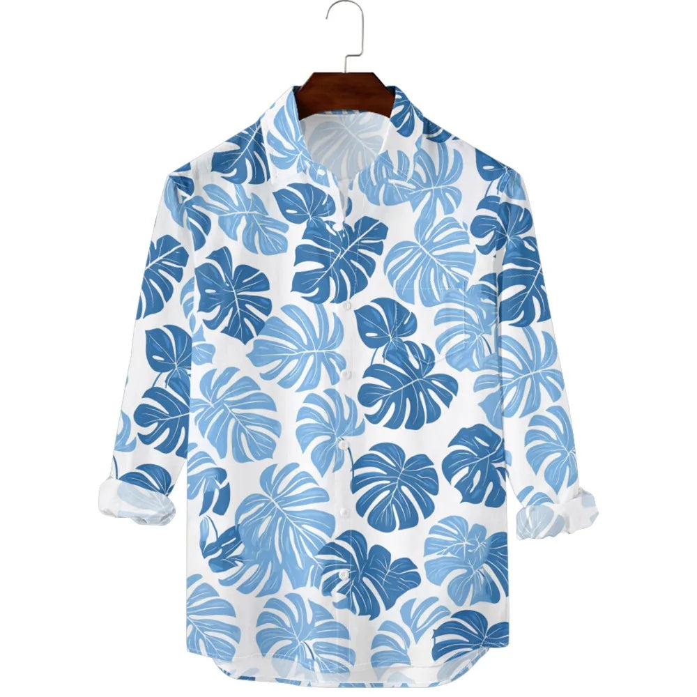 Hawaiian Men Shirts Sunset Ombre Palm Printed Full Sleeve Streetwear Button Up Casual Vacay Beach Parties Poolside Shirt Pocket