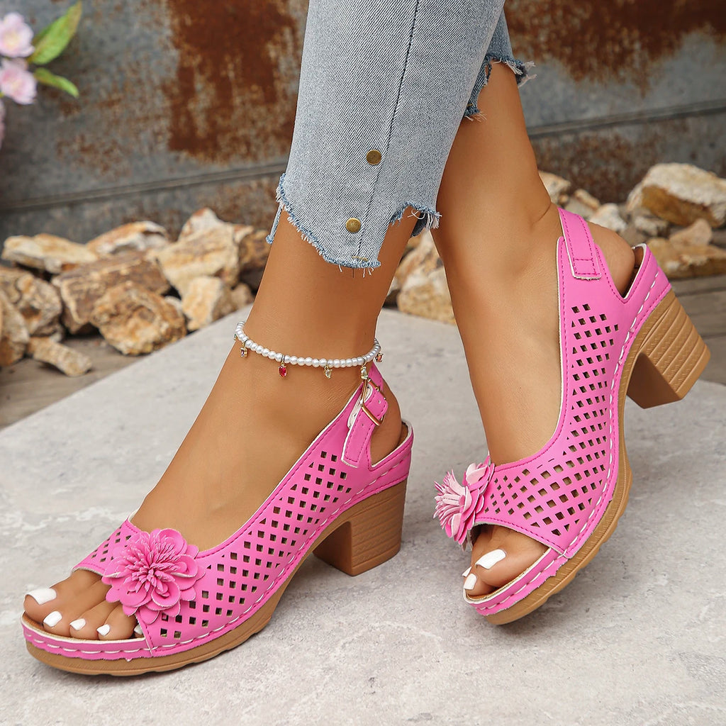 Women's Chunky Heel Sandals Summer 2025 Fashion Flower Hollow Beach Shoes Lightweight High Heeled Casual Sandals for Women