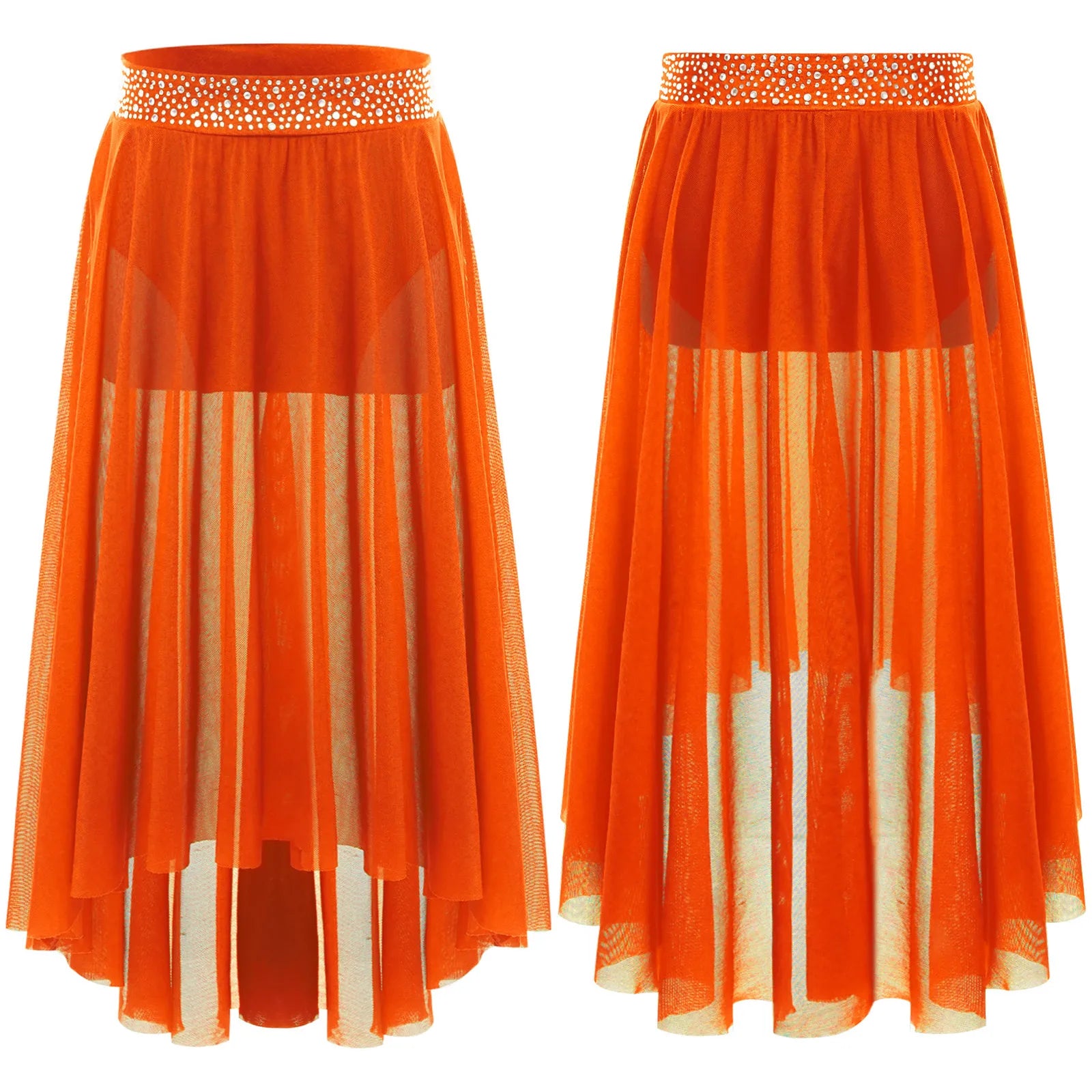 Kids Girls Lyrical Modern Dance Skirt Shiny Rhinestones Open Front Flowy Sheer Mesh Skirt with Built-in Briefs Ballet Dresses