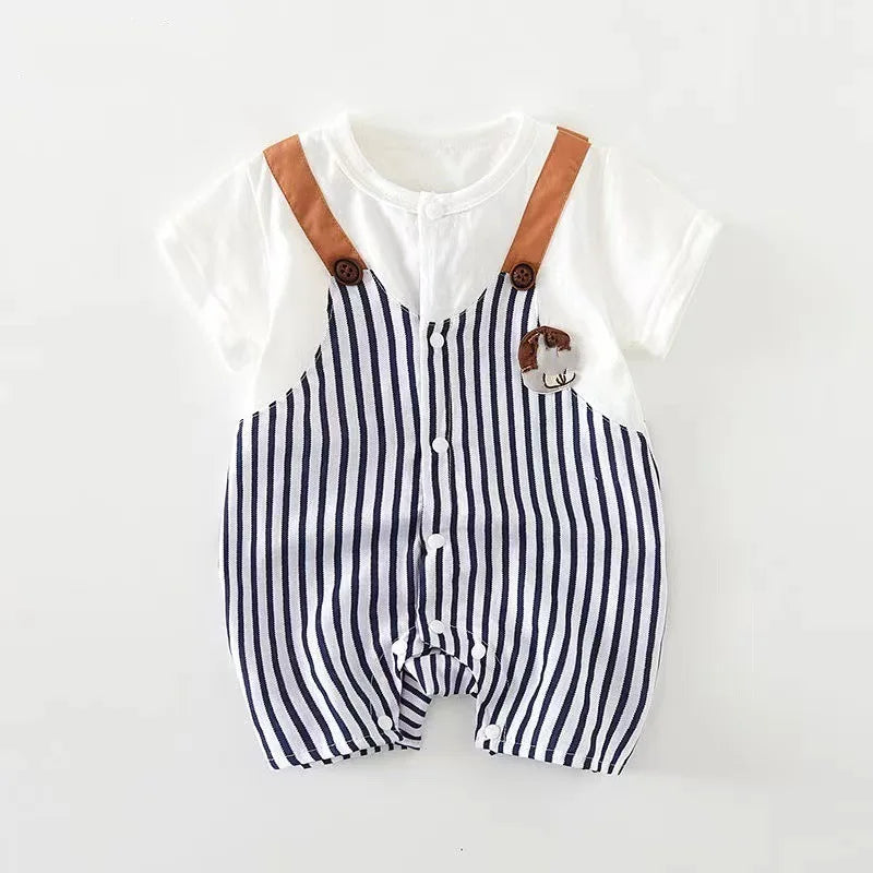 Somenie  Infant Summer Romper Thin Cloth Pure Cotton Boys' StripedFaux Two-piece Jumpsuit  Kids Homewear