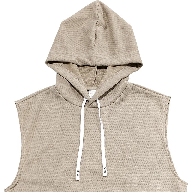 2026 Men's Casual 2 Piece Set Fashion Jacquard Knitted T-shirt Hooded Sleeveless Vest Elastic Waist Shorts Jogging Fitness Suit
