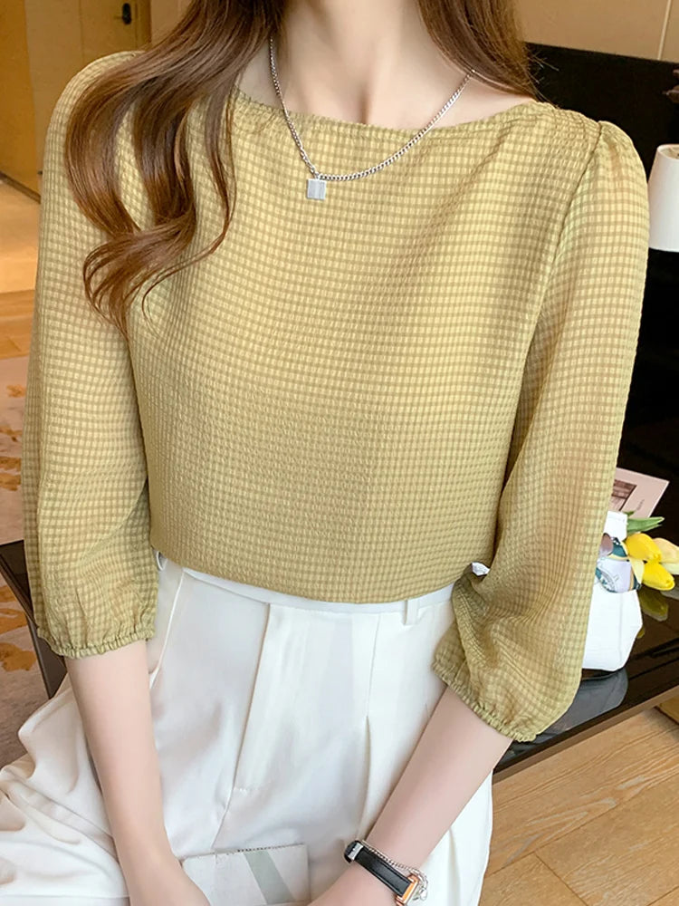 Blusas Para Mujer 2026 New Women Blouse Shirt O-Neck Black Chiffon Blouse Shirt Women Tops Blouses Shirts Blusas Camisas E474