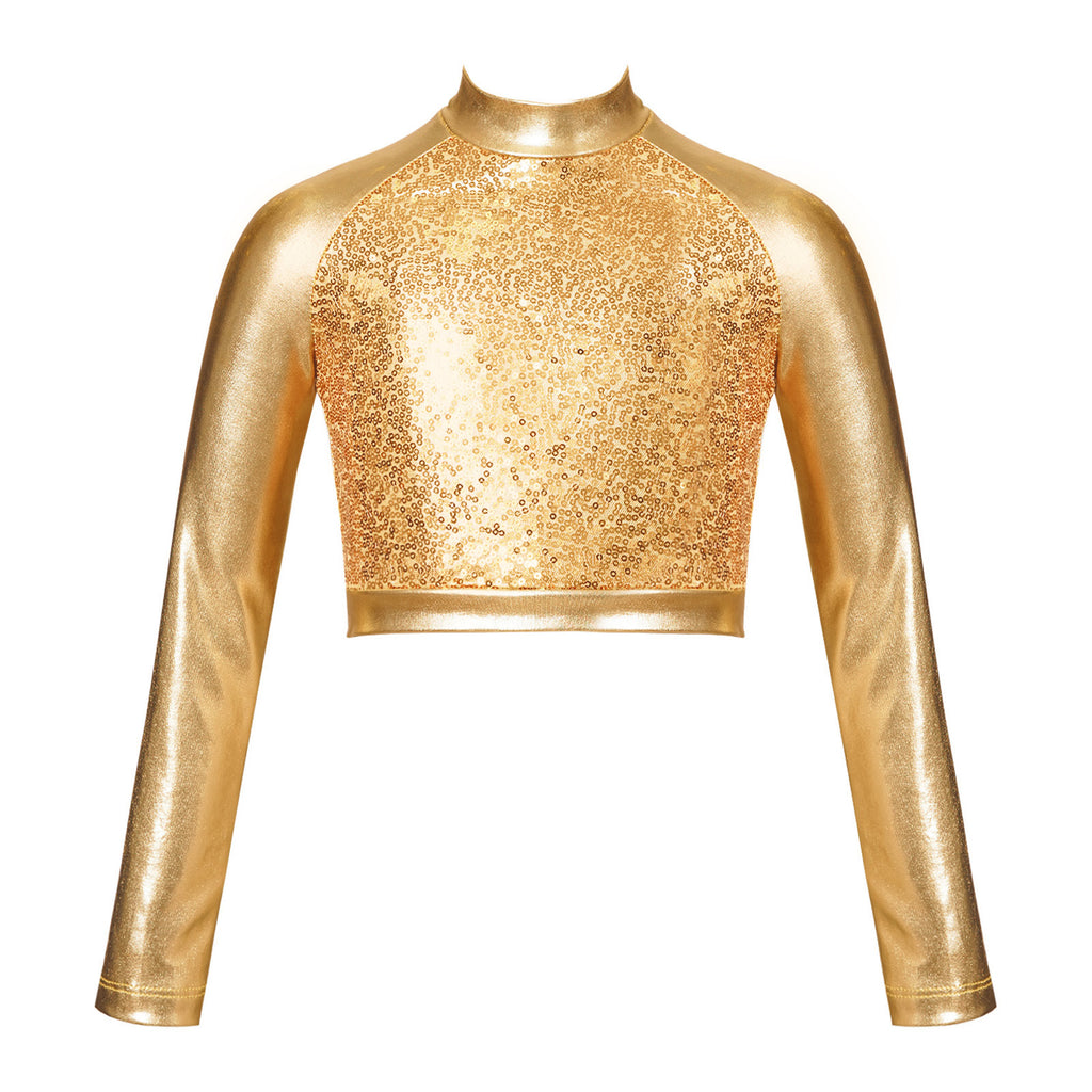 Kids Girls Shiny Metallic Crop Top Mock Neck Long Sleeve Front Sequin Fully Lined Athletic T-Shirts Jazz Hip-hop Dance Tops