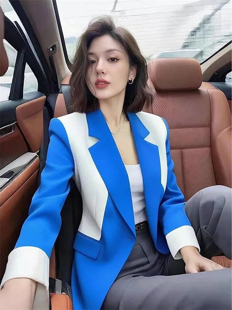 Women's suit jacket Blazer professional suit 2026 spring autumn good-looking design sense blue white contrasting suit coat top