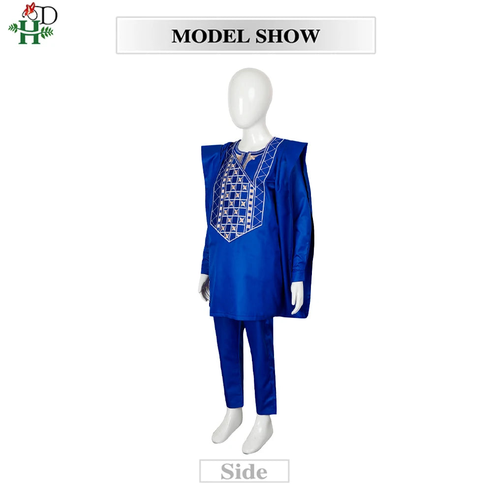 2025 New African Traditional Clothes For Kids Boy White Blue 3 PCS Set Long Sleeve Tops Embroidery Dashiki Robe Shirt Pant Child