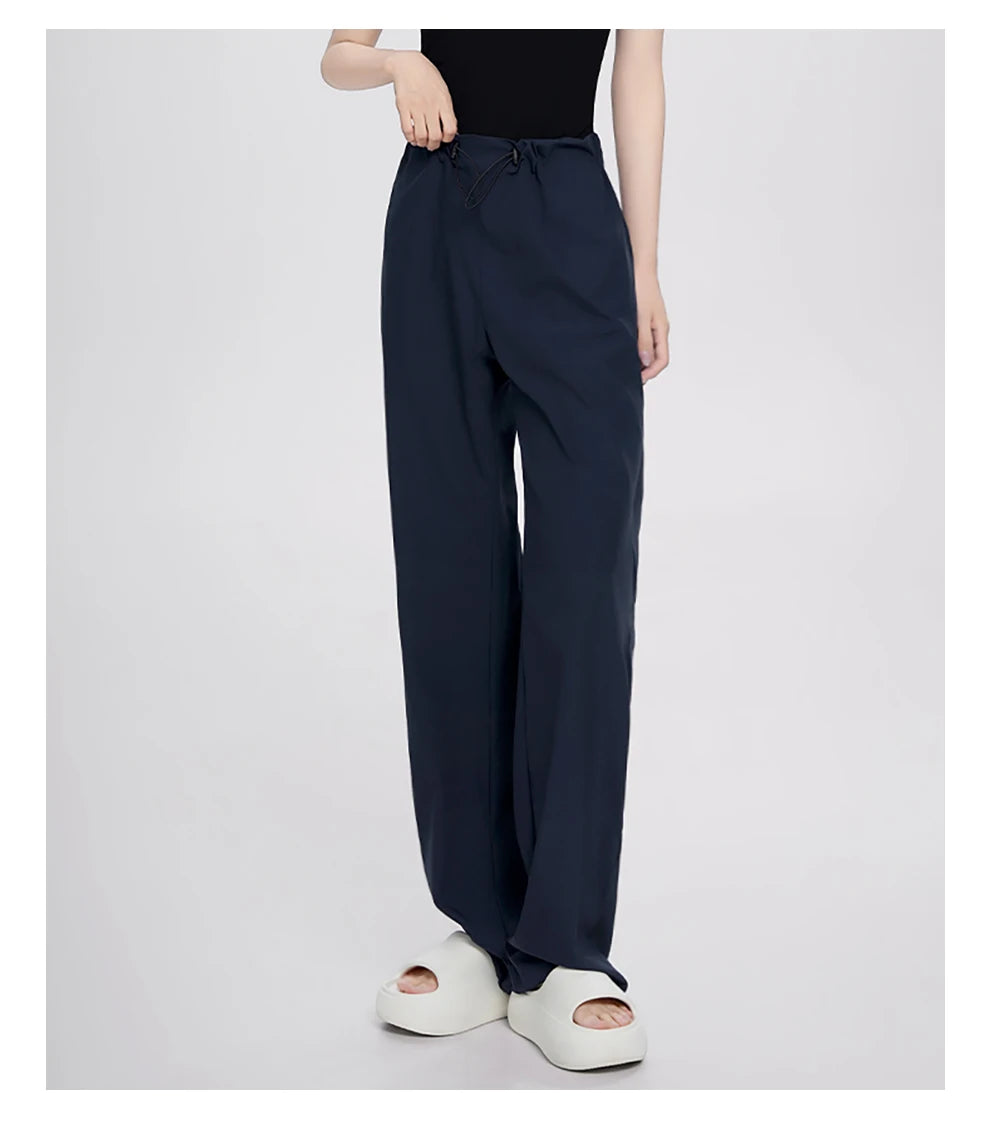 Women Adjustable High Waist Nylon Perspiration Casual Trousers with Pockets Female Athletic Dance Straight-leg Tracksuit Pants