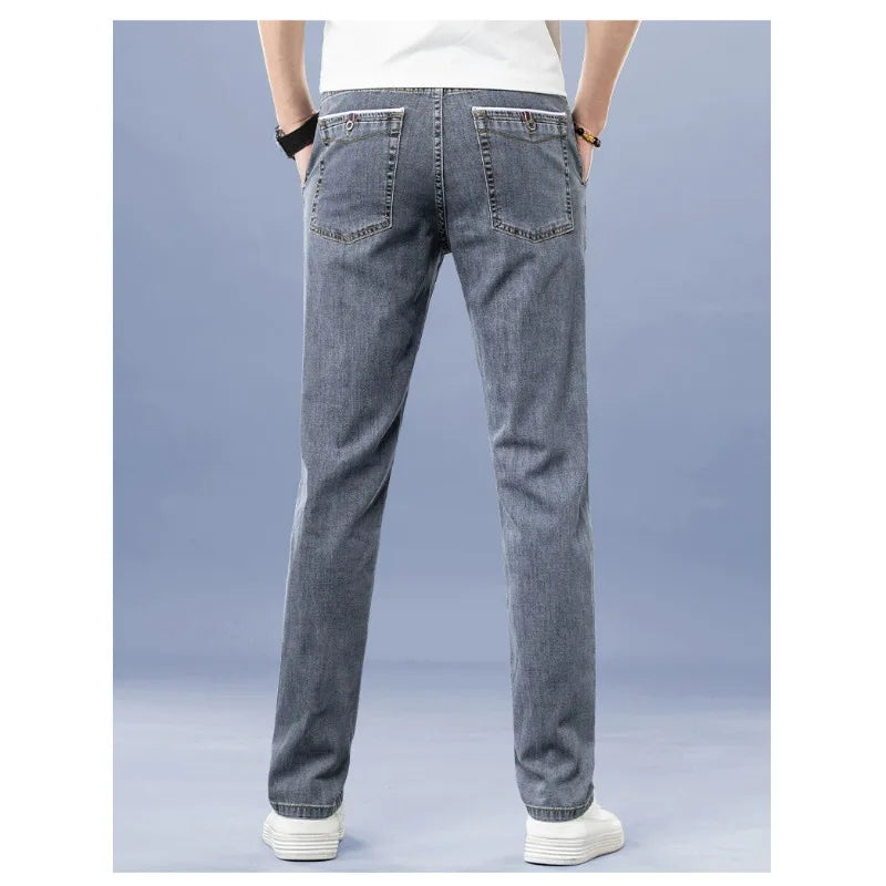 KIDWHXR Men Jean Trousers Slim Elastic Mid Waist Male Denim Pants Fashion Simple Casual Comfortable Man Straight-leg Pant