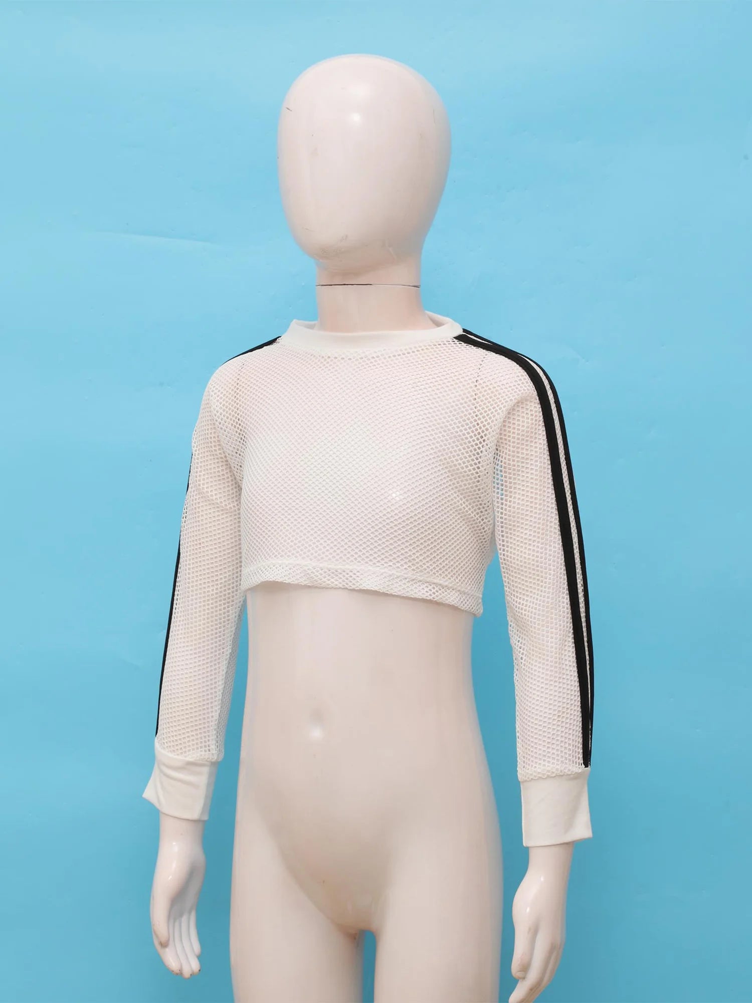 Kids Girls Fishnet T-shirt Hip Hop Street Dance Tops Long Sleeve Round Neck Hollow Out Mesh Crop Top for Workout Gym Sportswear