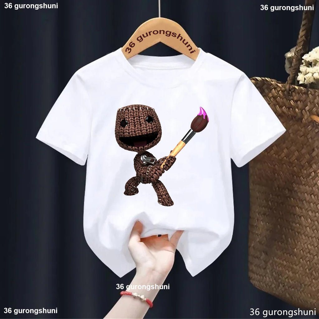 New Boys T-Shirt Funny Video Game Lbp Sackboy Cartoon Print Kid Tshirt Fashion Trendy Boys Clothes Summer O-Neck White Shirt Top