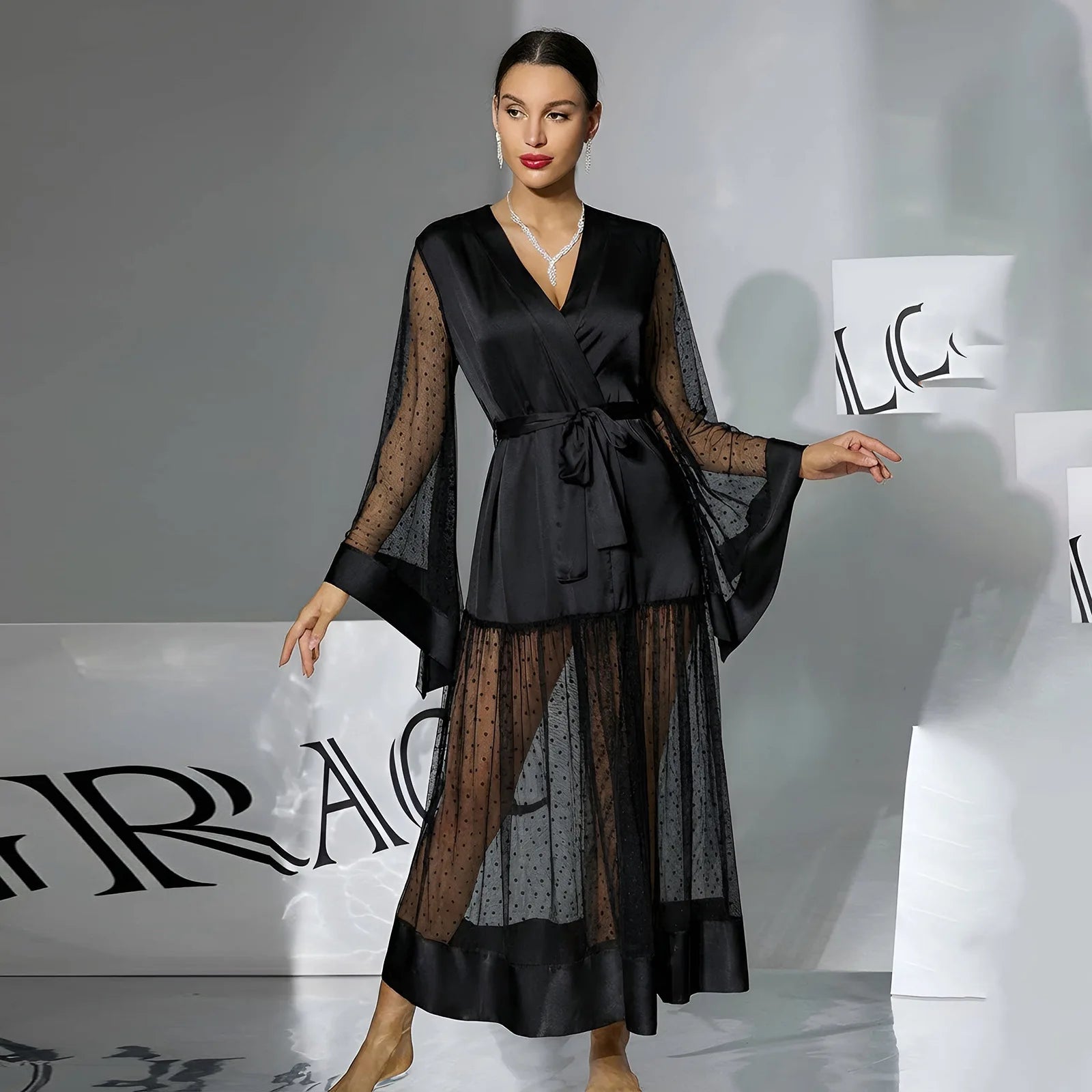 Summer Women Sexy Mesh Maxi Dress V-Neck Belted Polka Dot Sheer Robe Flare Sleeve Party Wedding Nightgown Beach Cover Up Vestido