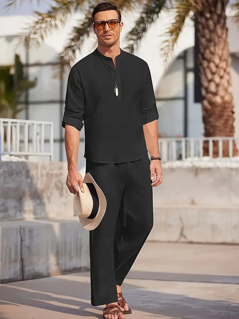 Men's White Linen Suit Set Long Sleeve Henley Shirt and Elastic Waist Pants Two Piece Outfit Summer Casual Comfortable