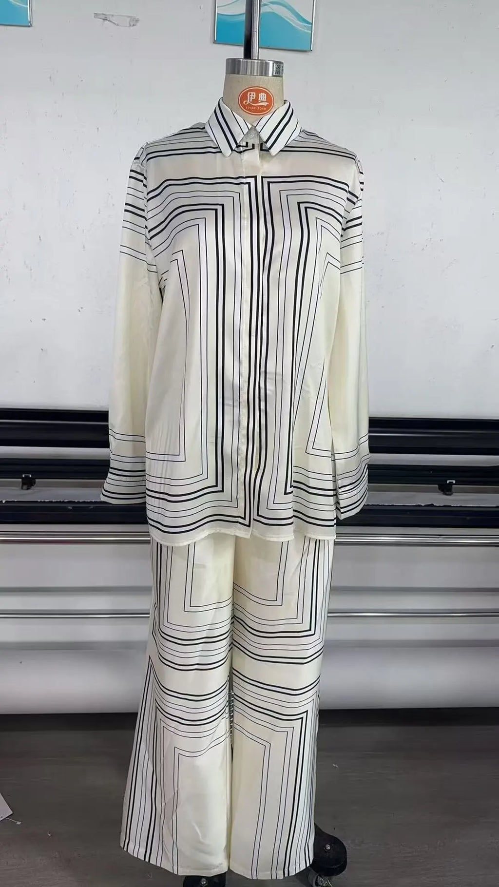 HH 2025 Women Trouser Suit Turn-down Collar Long Sleeve Single-breasted Slim Print Shirt+High Waist Zipper Loose Long Pants