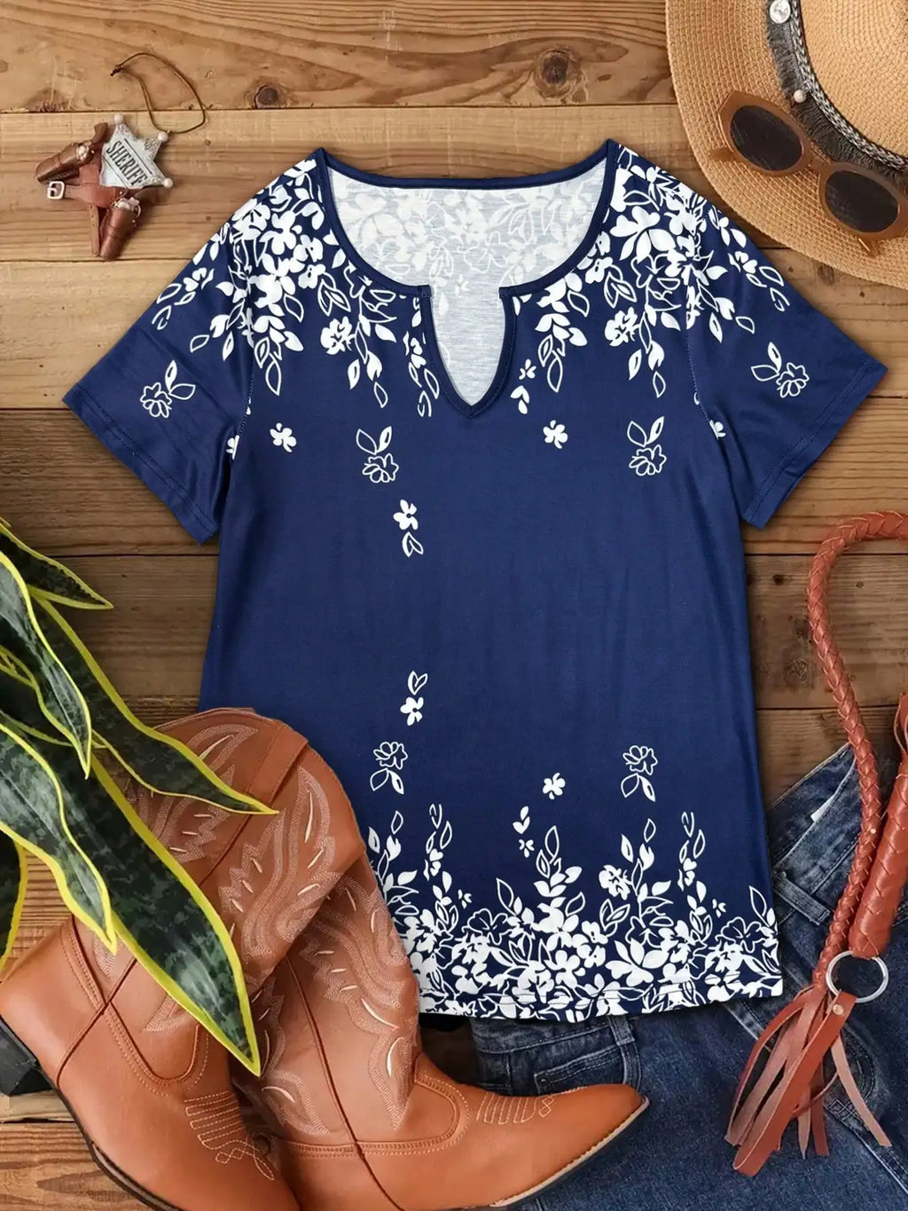 Women's elegant floral V-neck T-shirt, polyester knit fabric, regular length, short sleeves, summer style.