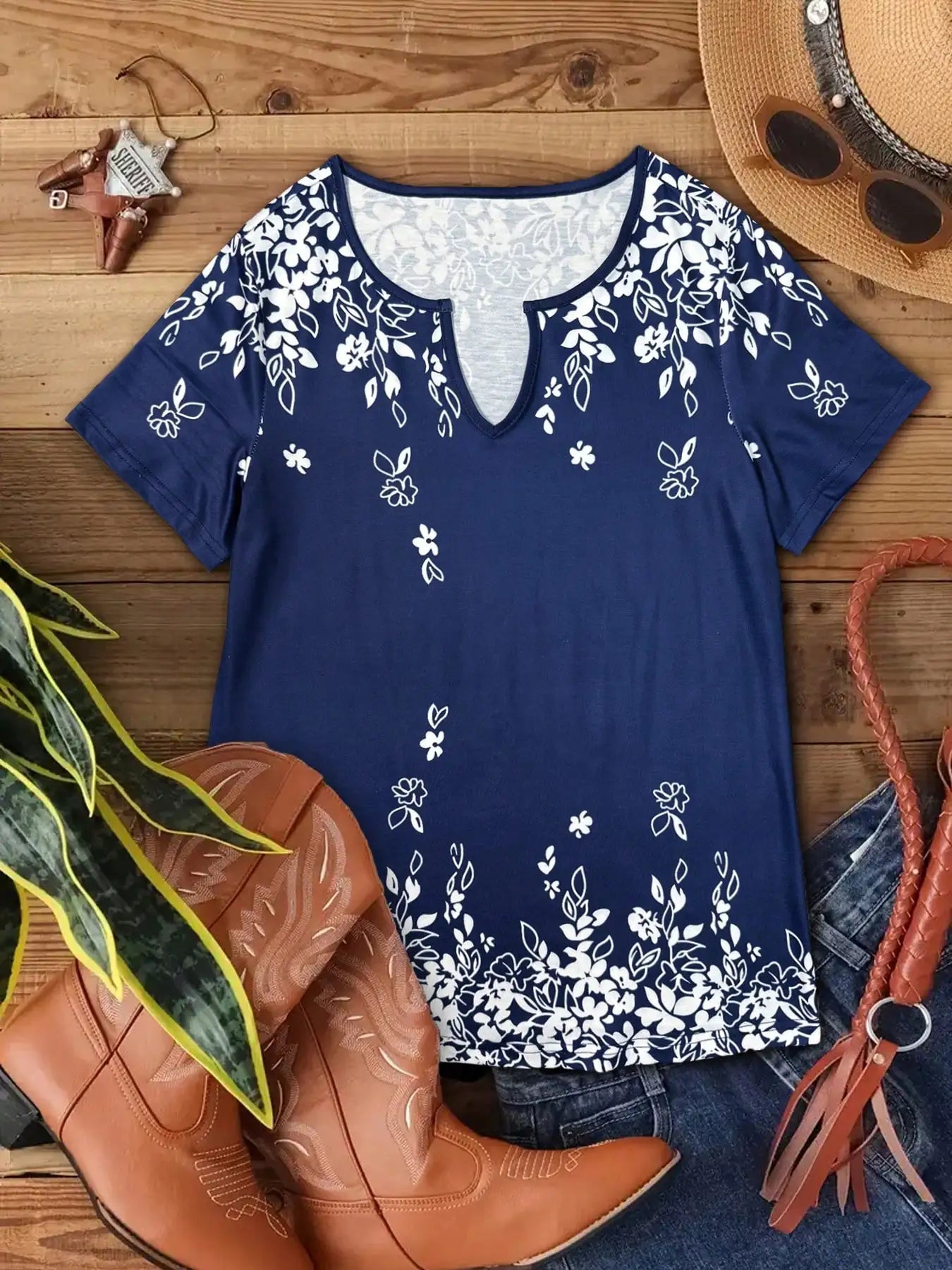 Women's elegant floral V-neck T-shirt, polyester knit fabric, regular length, short sleeves, summer style.