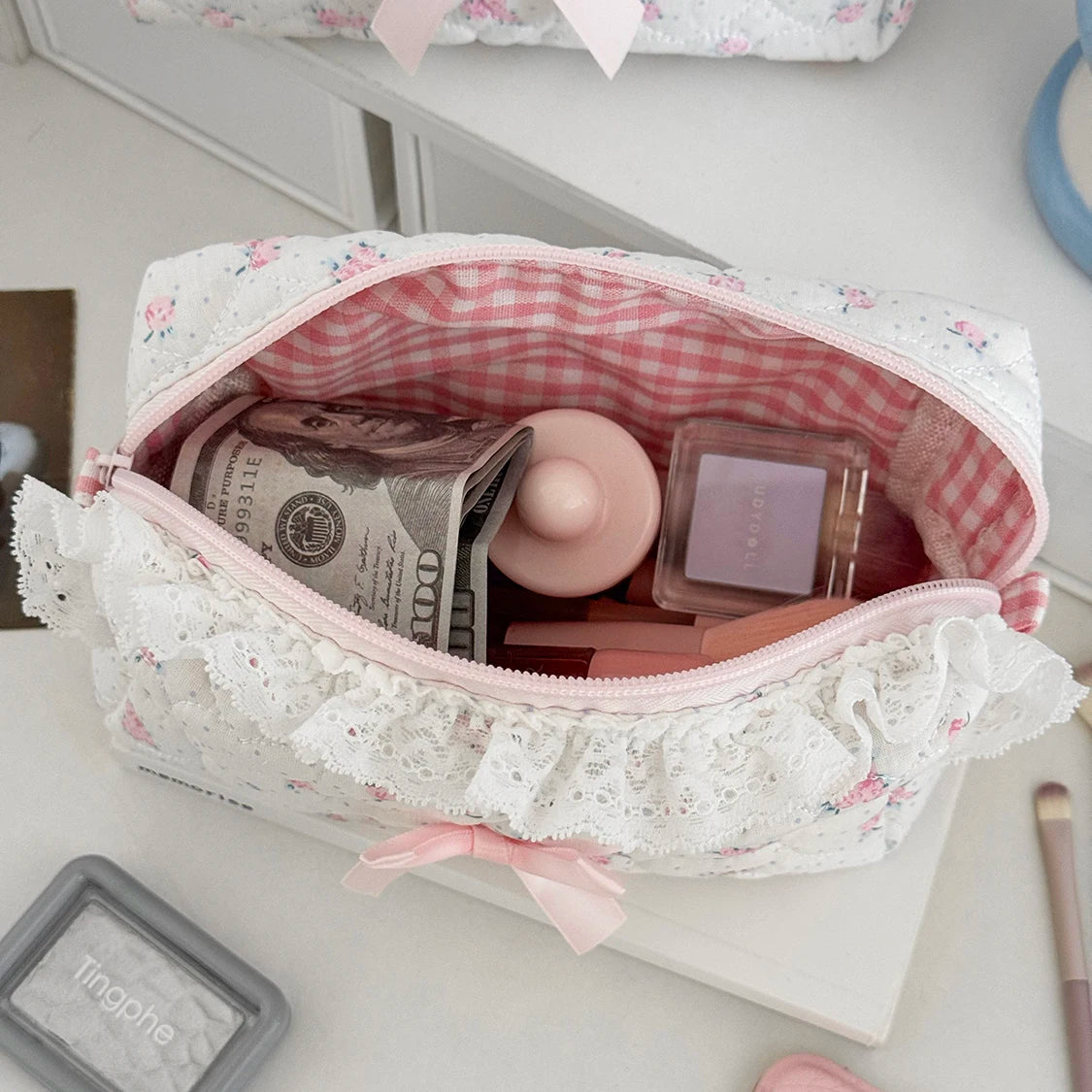 Wholesale Flower Women Lace Small Makeup Bag Travel Organizer Cosmetic Handbag Pouch Gilrs Cute Bow Square Zipper Wallet Bags