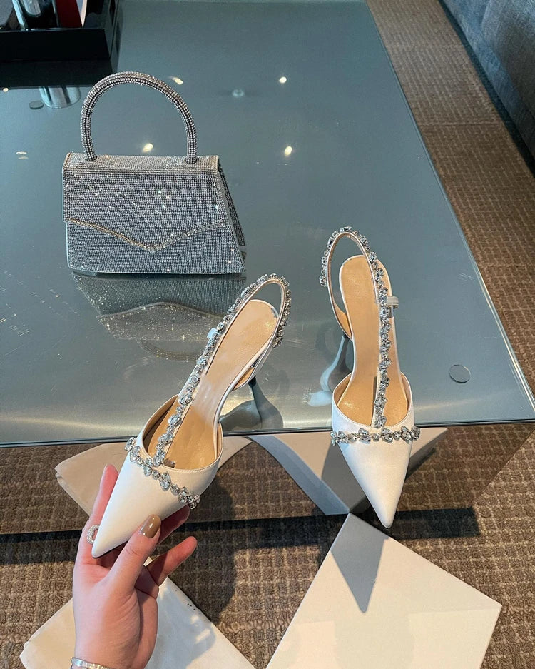 Luxury Women High Heels Ladies Pointed Toe Party Wedding Shoes White Black Stiletto Summer Rhinestone Slingback Sandals Female