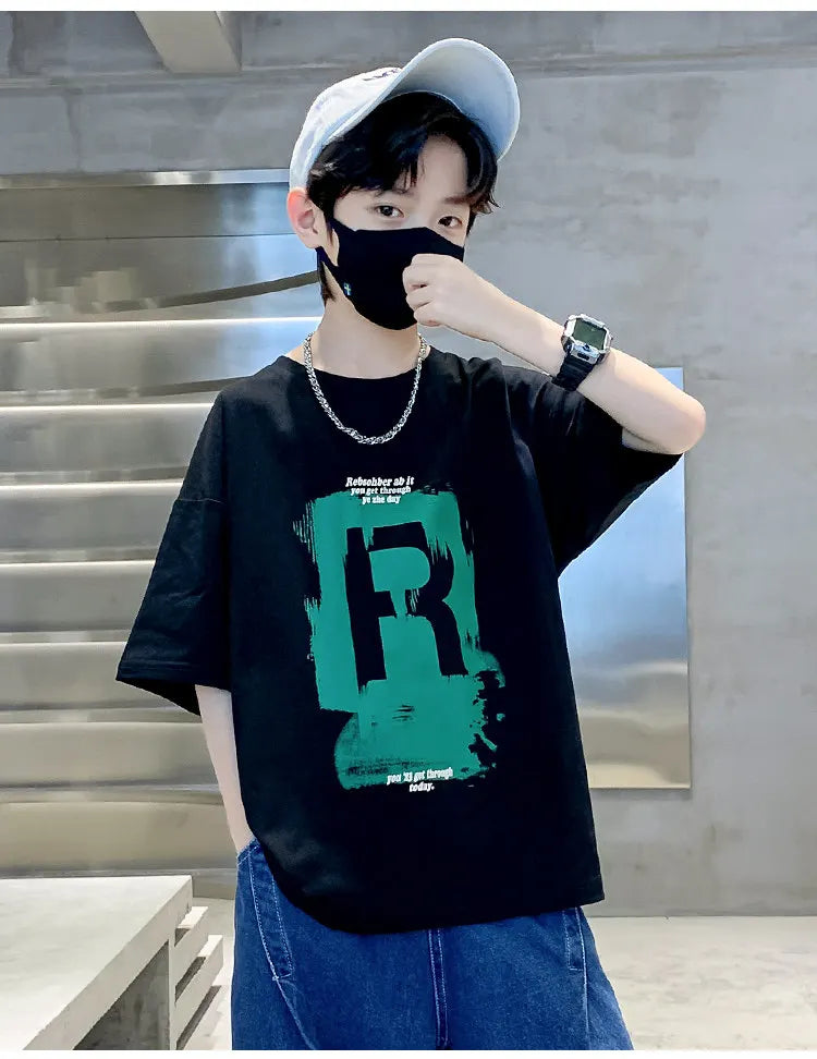 New Kids Boy Casual Tshirts Tops Novelty Printed Summer Children's T-shirt Short Sleeve Clothes Teenager Khaki Black Cotton Tees