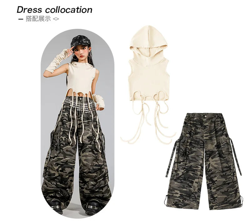 Kid Modern Dance Clothes Girl Jazz Dance Lace up Crop Hoodie Camouflage Pants Navel Performance Suit Kpop Group Stage Costume