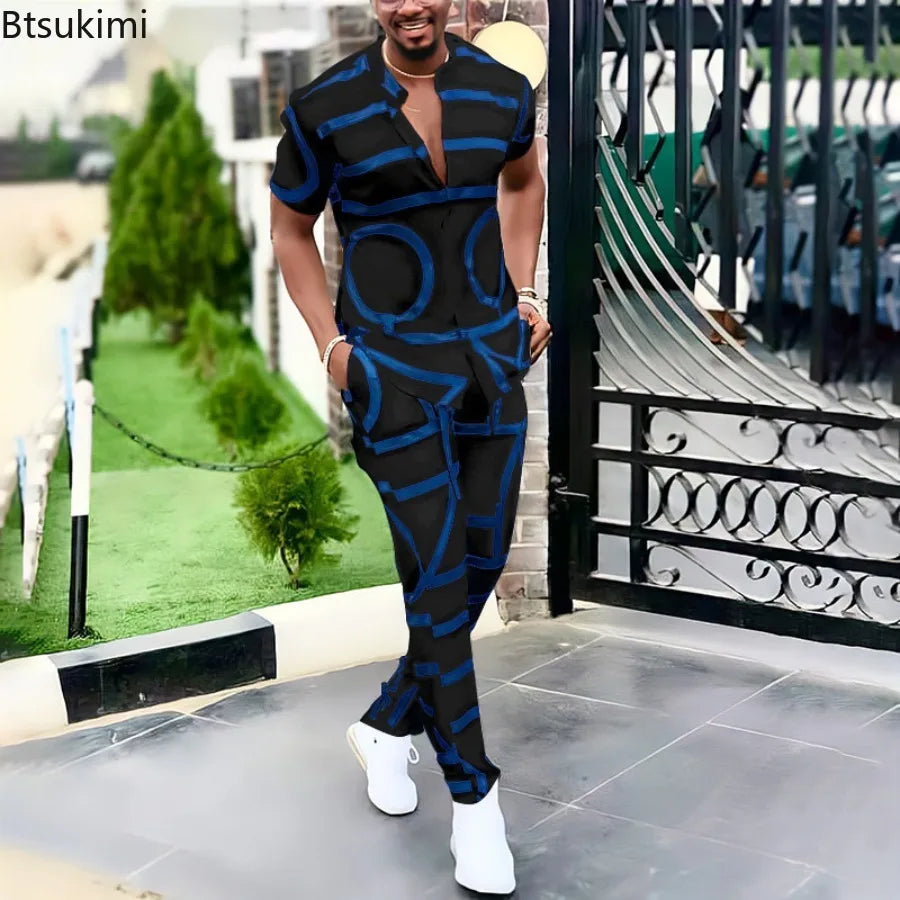 Summer New Men's Fashion Trend Print Shirt Casual Suit V-neck Short-sleeved Trousers Male Streetwear High-quality Two-piece Sets