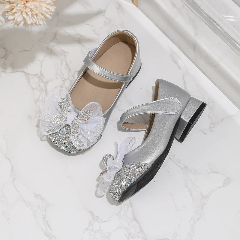 New Girl Princess Shoes for Wedding Party Children Fashion Leather Shoes Silver Bowknot Versatile Kids Catwalk High Heel Shoes