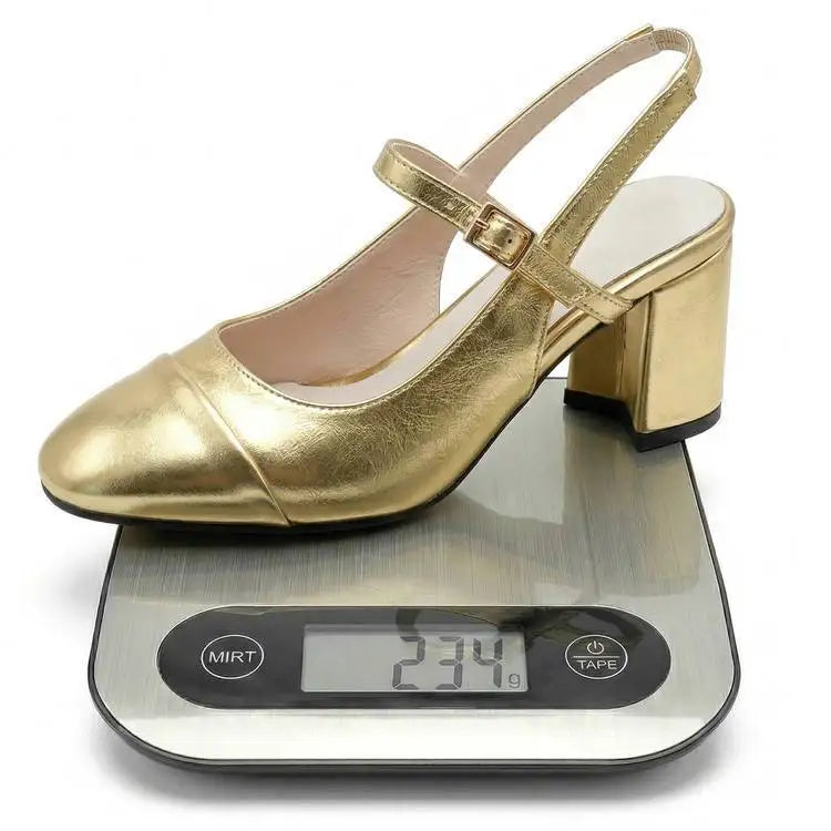 Mary Jane Colorful Leather Single Shoes Female Round Toe Back Empty Buckle Strap Women’s Sandals 7cm Chunky High Heels Office DE
