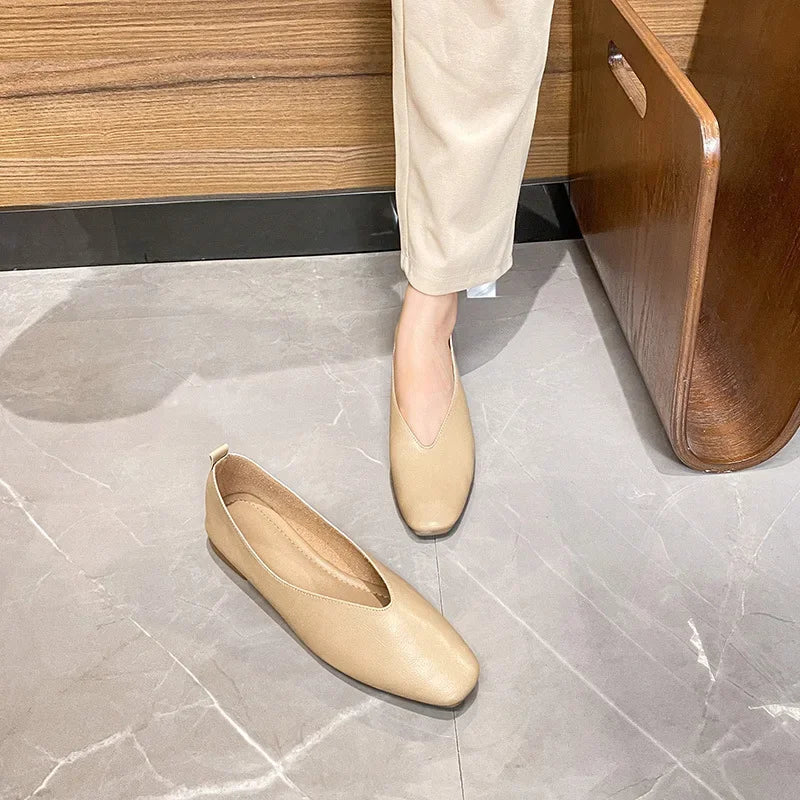 Genuine Leather Multi-color Low-heeled women's Shoes  Round Toe Flat Bottom Shallow Cut Single Shoe Casual Versatile Loafers