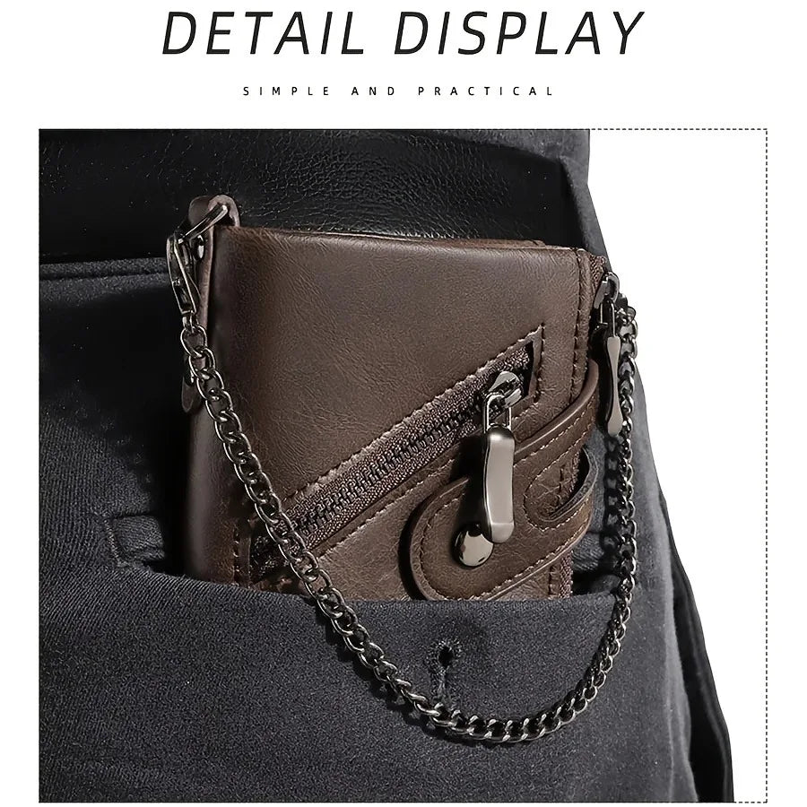 New Men's Chain Wallet RFID Anti-Theft Men's PU Leather Wallet Double Zipper Coin Purse Credit Card Holder for Men and Women