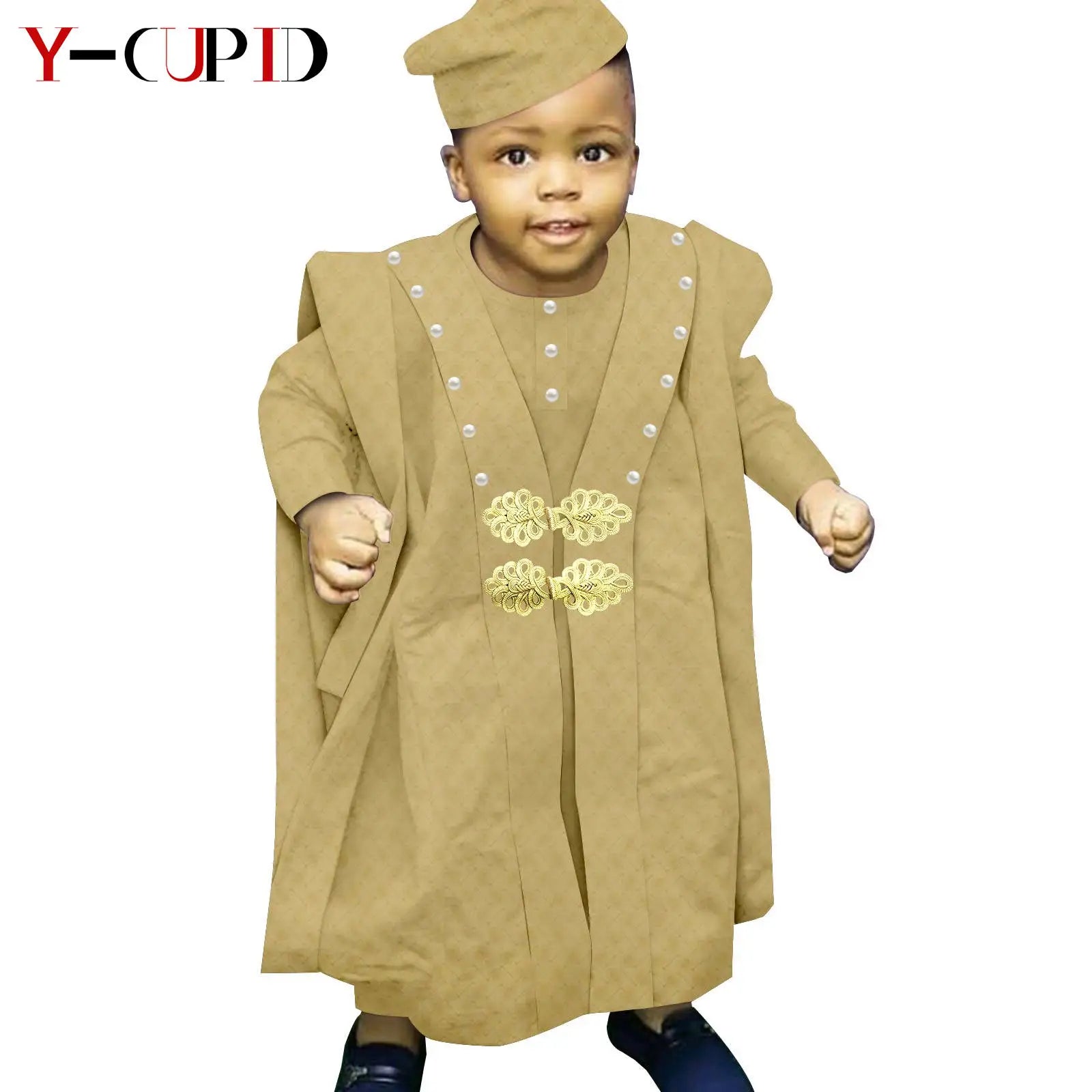 African Boy Outfit Bazin Riche Muslim Jacquard 4 Pieces Sets Tee Pant Robes and Cap Kids Children Suits Agbada Outwear Y234017