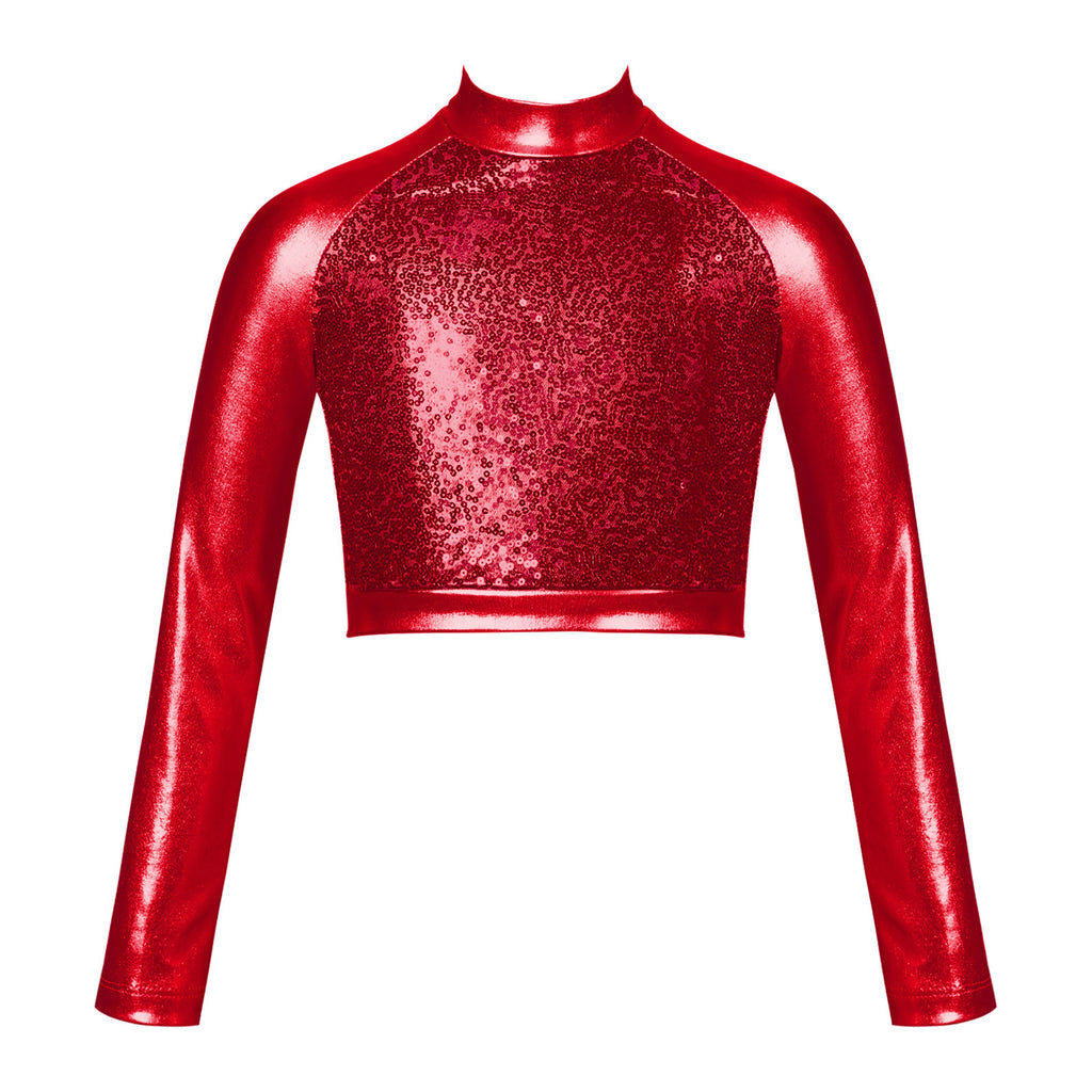 Kids Girls Shiny Metallic Crop Top Mock Neck Long Sleeve Front Sequin Fully Lined Athletic T-Shirts Jazz Hip-hop Dance Tops