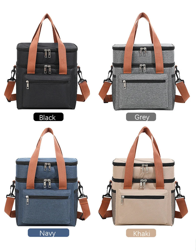 Thermal Lunch Bag Double Layers Large Capacity Lunch Boxes Bags Portable Crossbody Picnic Food Drink Storage Bag Cooler Tote New