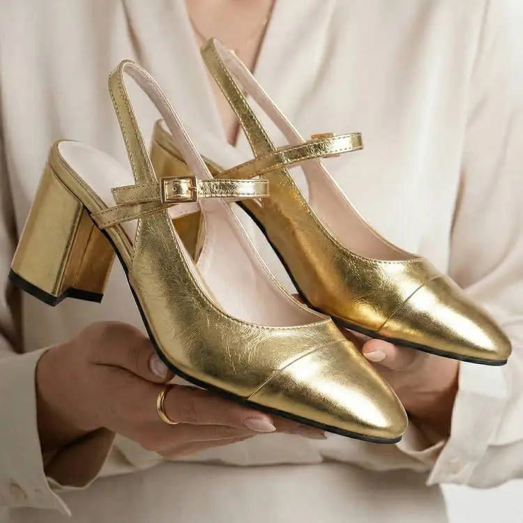 Mary Jane Colorful Leather Single Shoes Female Round Toe Back Empty Buckle Strap Women’s Sandals 7cm Chunky High Heels Office DE