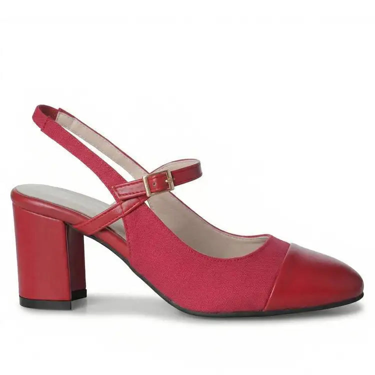 Mary Jane Colorful Leather Single Shoes Female Round Toe Back Empty Buckle Strap Women’s Sandals 7cm Chunky High Heels Office DE