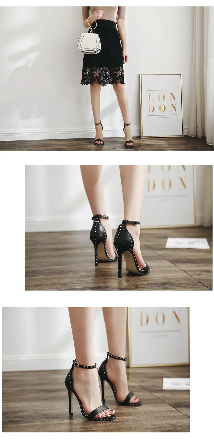 Women Sandals High Heels 2025 Summer Thin Heel PU Leather Rivet Peep Toe Sexy Party Shoes Sandalia Feminina Zapatos Mujer