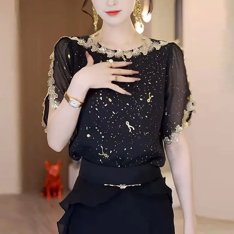 Elegant Blouses for Women Thin Summer Casual All-match Black Sheer Mesh O-neck Streetwear Middle Age Female Fashion Loose Chic