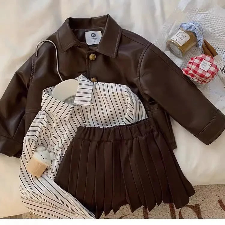 Childrens Suit Spring and Autumn New Korean Girls Fashion Leather Coat Striped Shirt Solid Color Pleated Skirt Three Piece Set