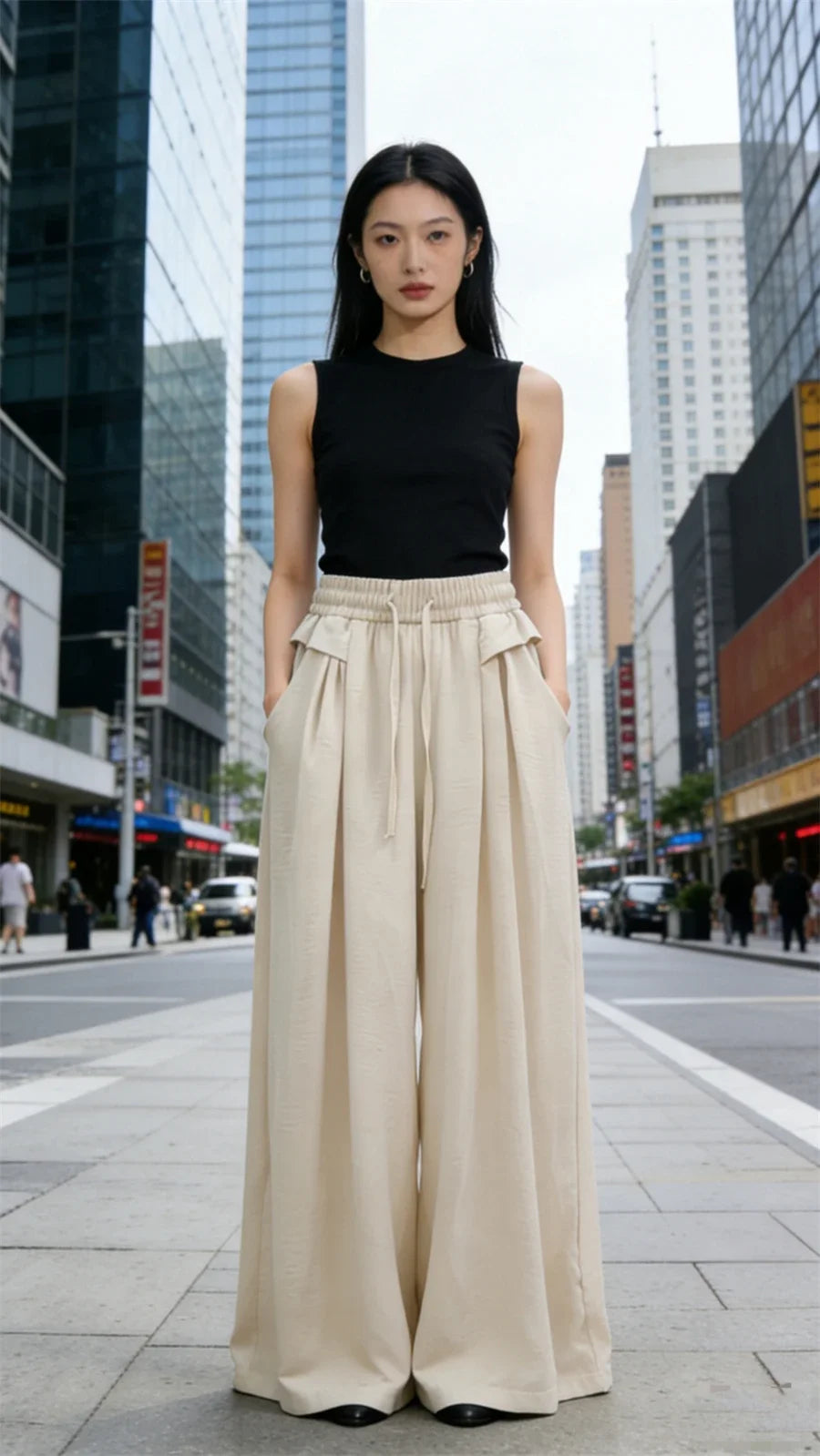 Women's Trousers New Fashion Solid Color High Waist Lace Up Thin Women's Wide Leg Pants Simple Drape Loose Casual Female Pants