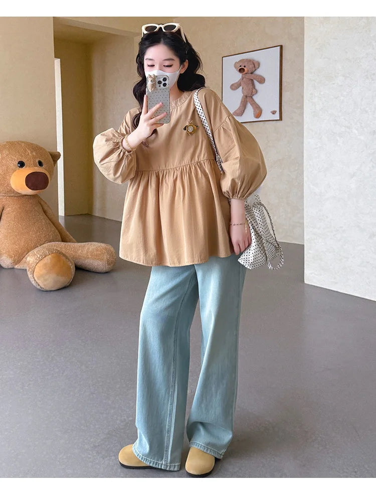 Maternity Blouse Spring Autumn Flower Round Neck Puff Long Sleeve Tops For Pregnant Women 2026 Loose Comfortable