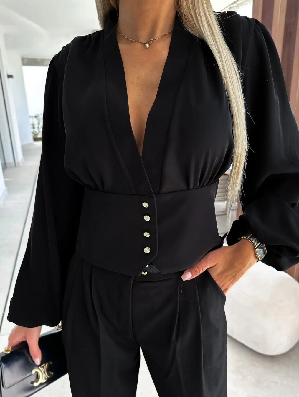 Women V Neck Puff Long Sleeve Blouse Cinched Waist Button Down Cropped Top