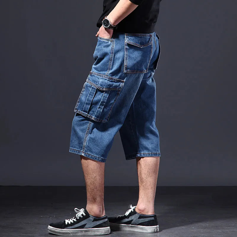 Summer thin, loose, multi pocket workwear, cropped denim shorts, cropped casual jeans for men
