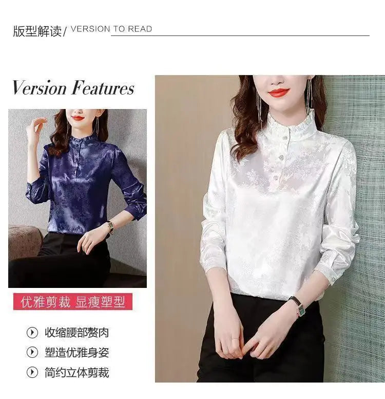 Premium Satin Blouse Women Spring Age-Reducing Print Loose Long Sleeve Top Fashion Elegant Collar Shirt