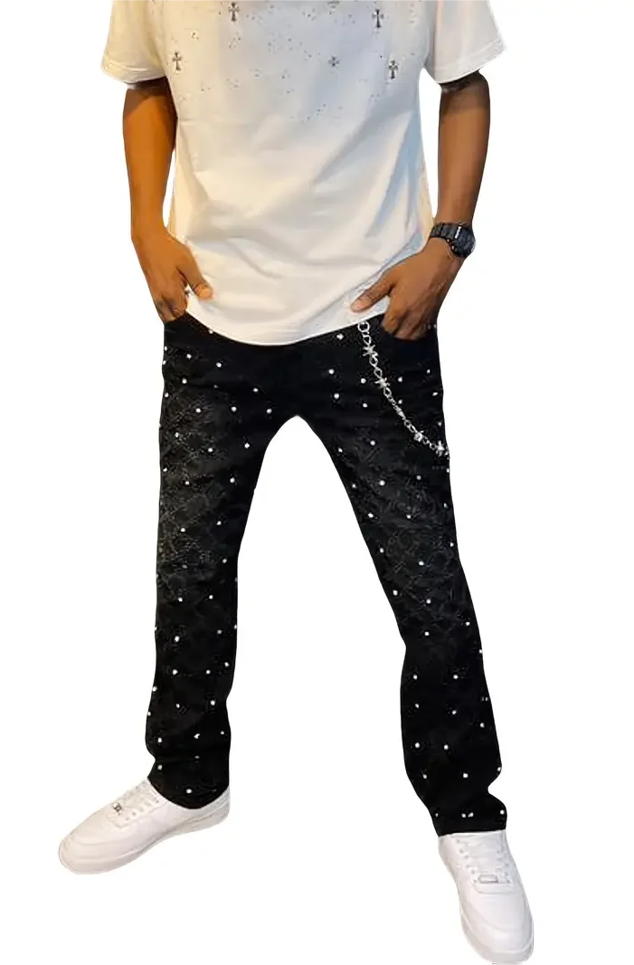 Men's Jeans with Nail Rhinestone Decoration, Shiny Stretch Straight-Leg Jeans, Street Style Hip-Hop Skateboarding Rap Party Dance Pants, Suitable for All Seasons