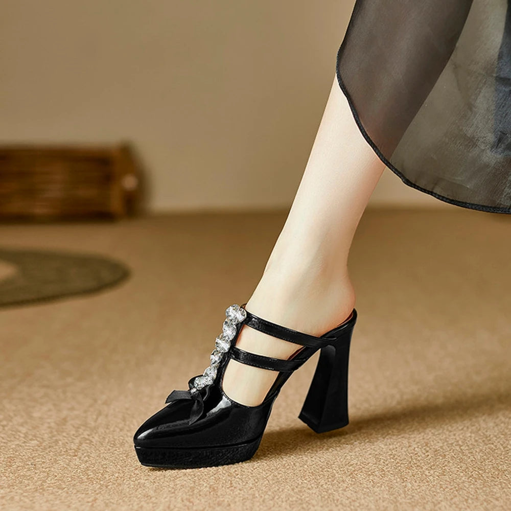 Thick High Heels Sandals Women Genuine Leather Fashion Rhinestone Bow Pointed Dress Wedding Party Dress Pumps Shoes 898-222